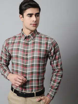 Men Olive And Red Checks Regular Fit Cotton Formal Shirt