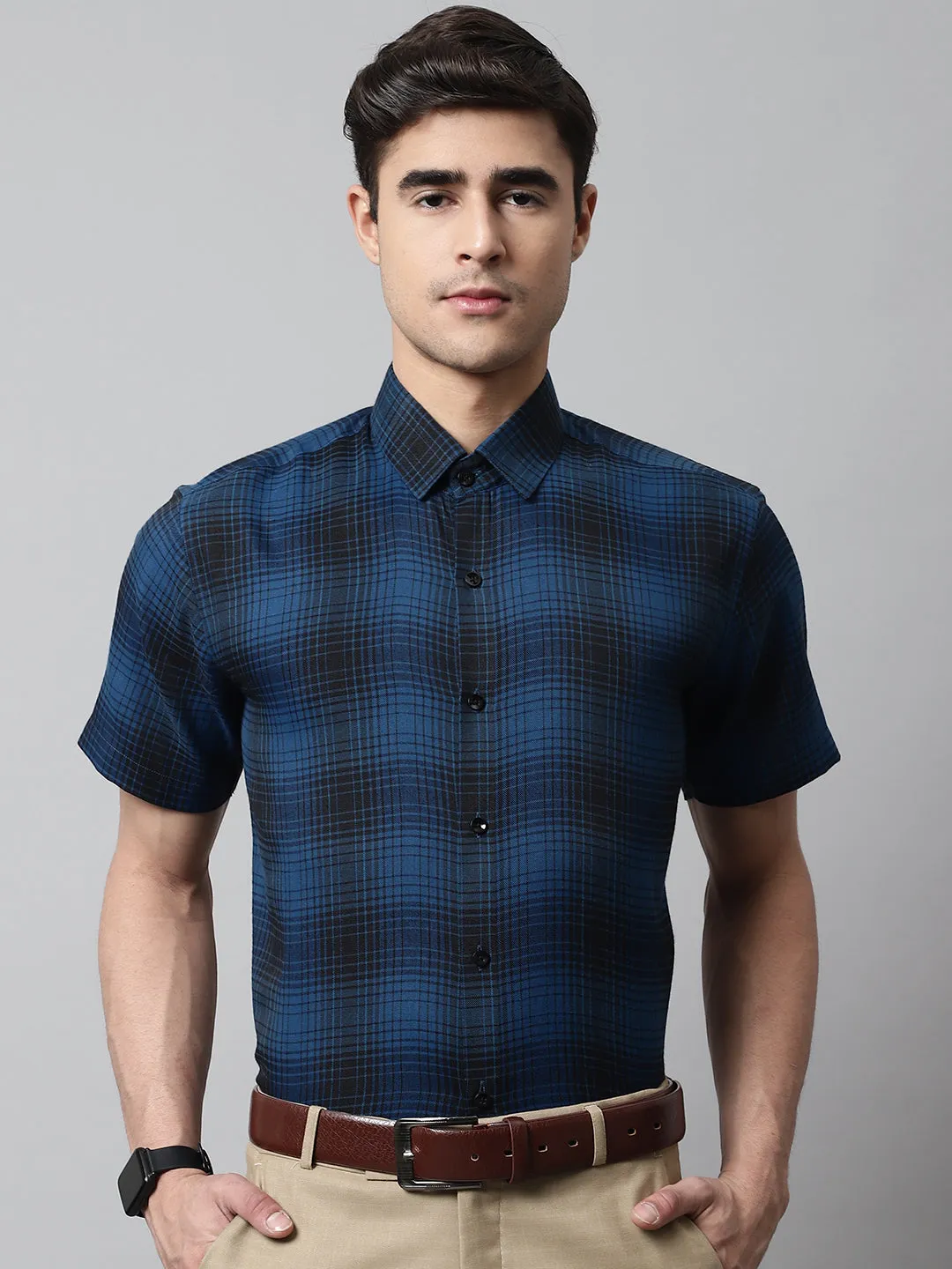 Men Peacock Checks Regular Fit Cotton Formal Shirt