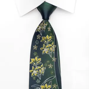 Mila Schon Mens Rhinestone Silk Necktie Floral On Green With Silver Sparkles