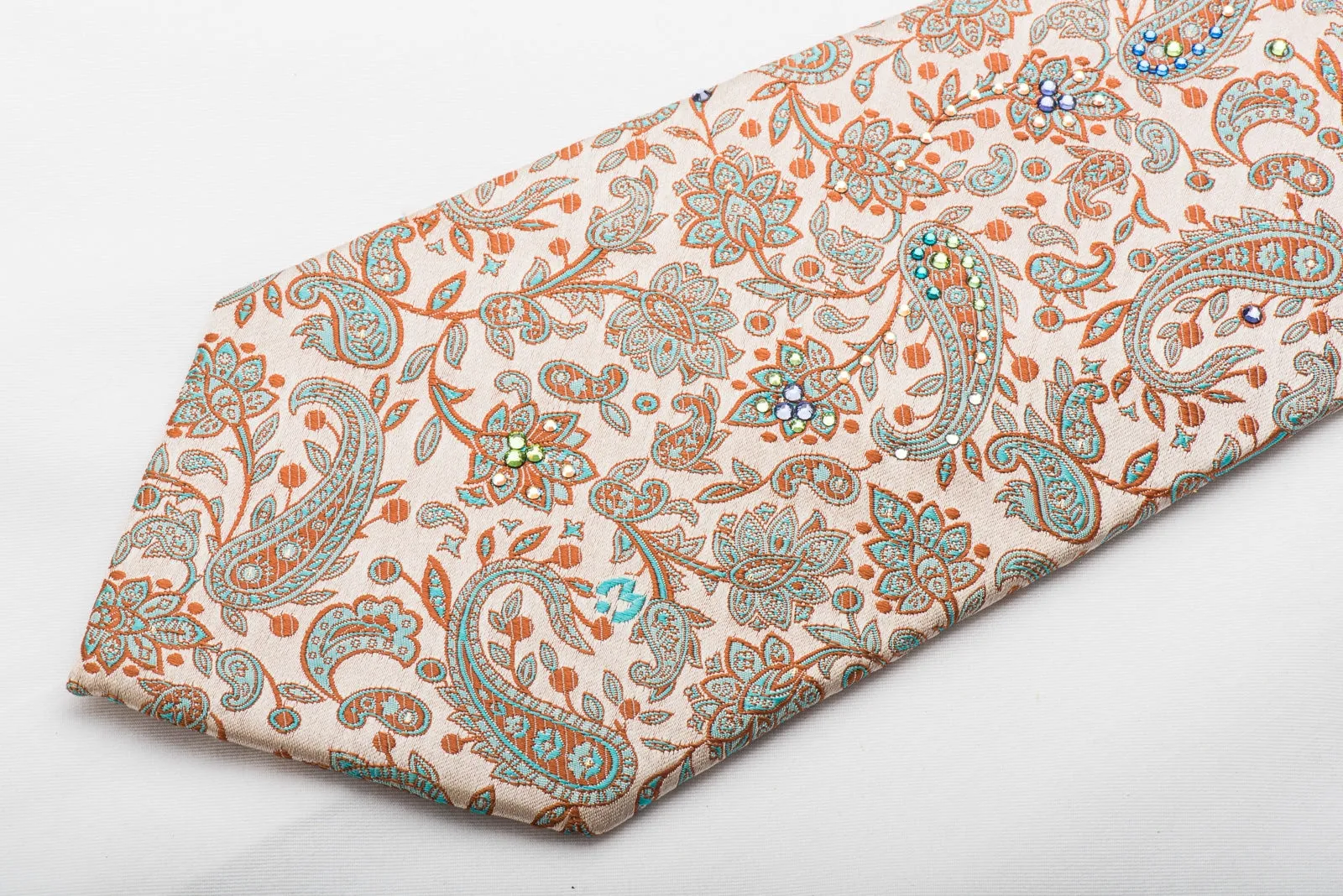 Mila Schon Men's Silk Necktie Paisley Floral On Gold Sparkling With Crystal Rhinestones