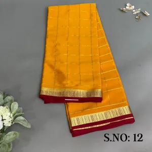 Mysore Silk Saree-  Mustard Yellow with over all Gold checks, and Maroon Thin Border (Attached Blouse Material)