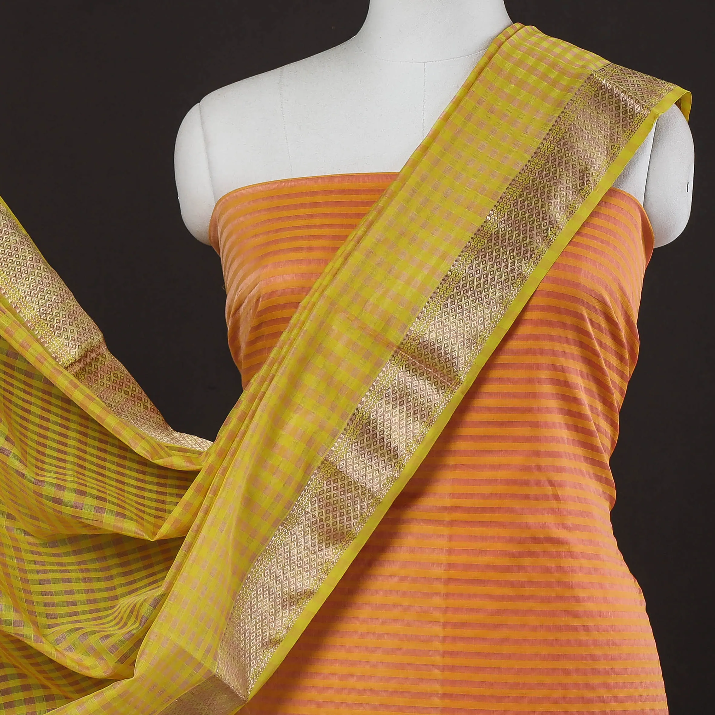 Orange - 2pc Maheshwari Silk Cotton Zari Work Checks Handloom Suit Material Set