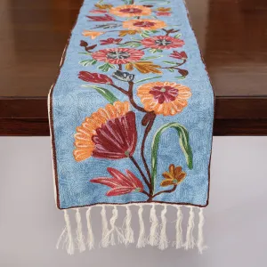 Original Chain Stitch Crewel Wool Thread Hand Embroidery Table runner (47 x 12 in)