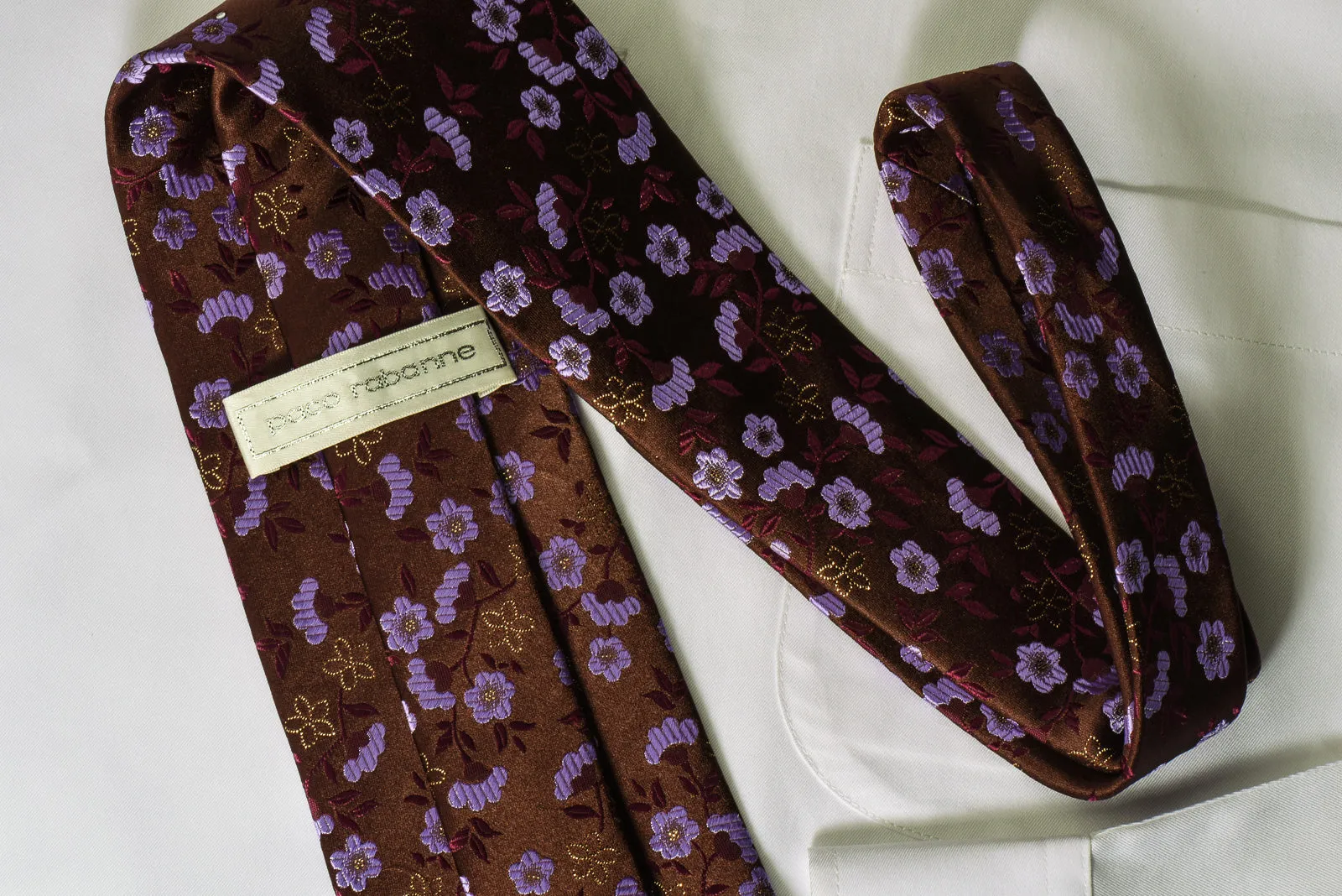 Paco Rabanne Rhinestone Necktie Purple Floral On Brown With Silver Sparkles