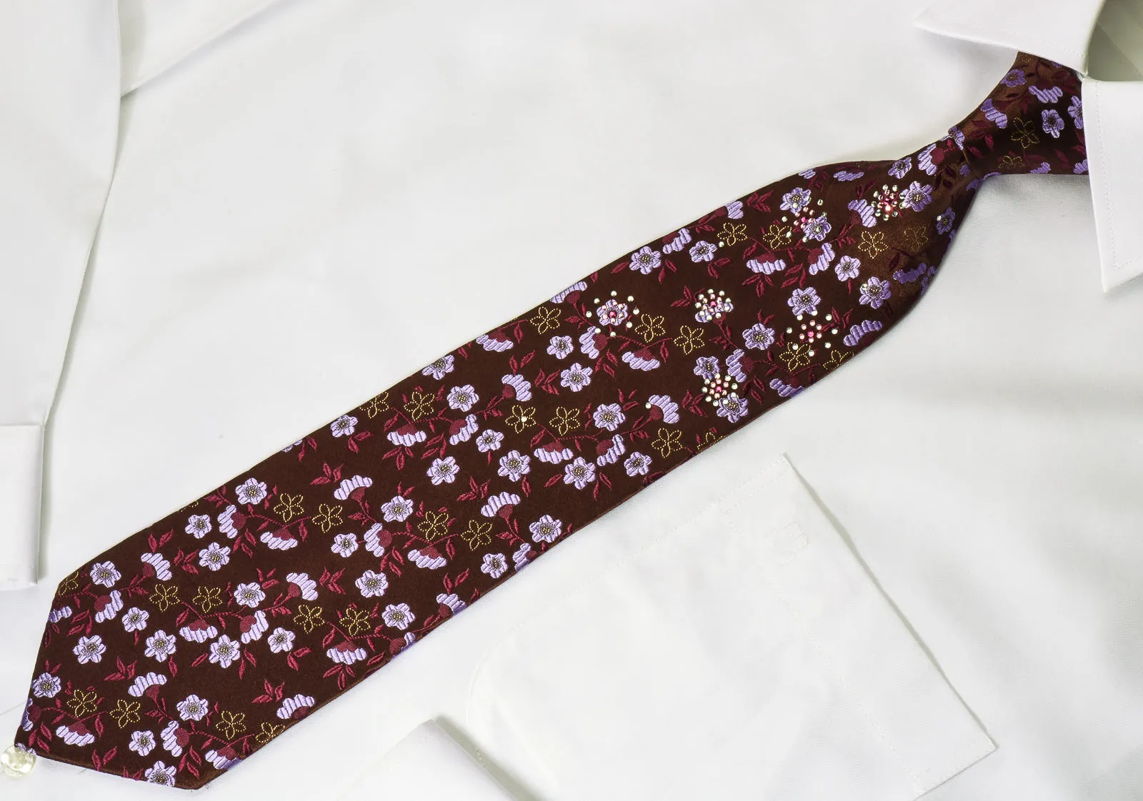 Paco Rabanne Rhinestone Necktie Purple Floral On Brown With Silver Sparkles