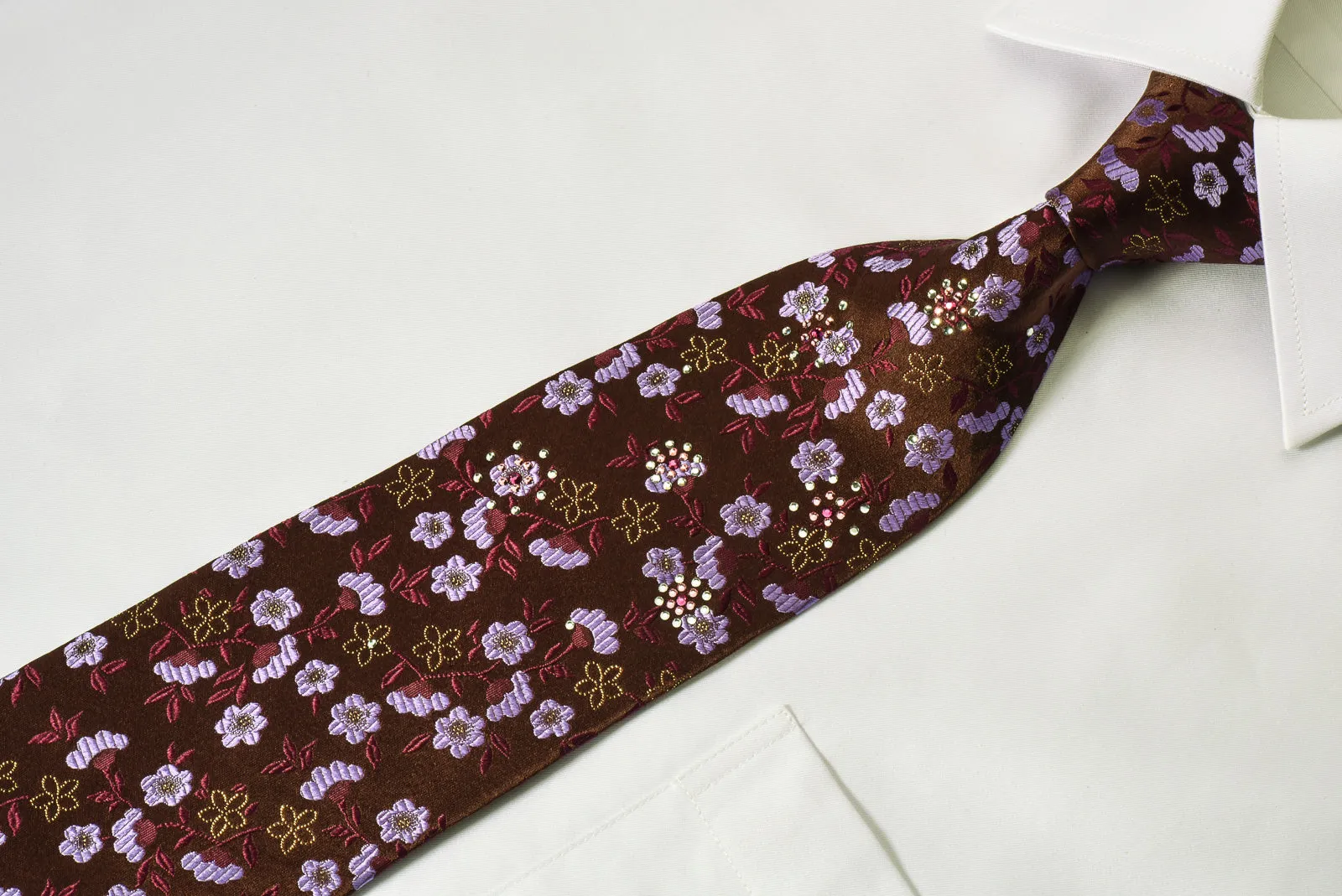 Paco Rabanne Rhinestone Necktie Purple Floral On Brown With Silver Sparkles