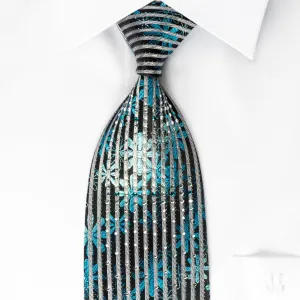 Paco Rabanne Silk Rhinestone Necktie Floral Silver Stripes On Blue With Sparkles