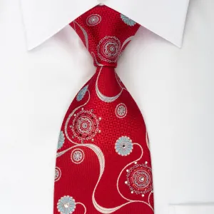 Park Land Silk Tie Silver Blue Medallion Floral With Waves On Red & Rhinestones