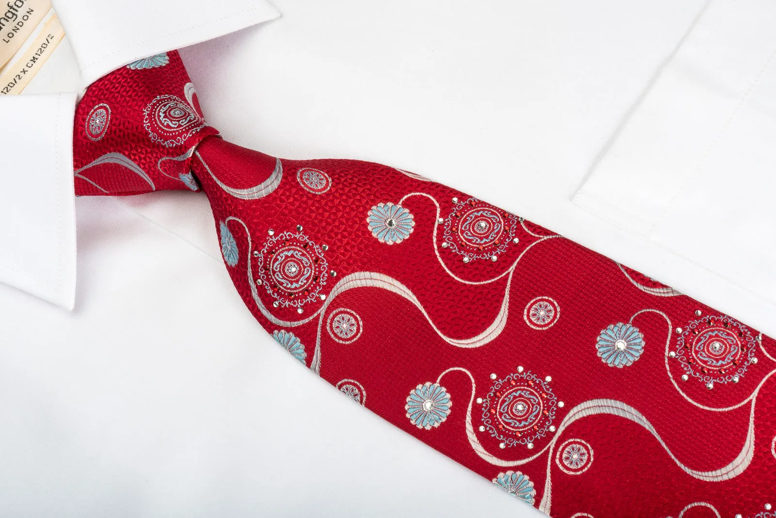 Park Land Silk Tie Silver Blue Medallion Floral With Waves On Red & Rhinestones