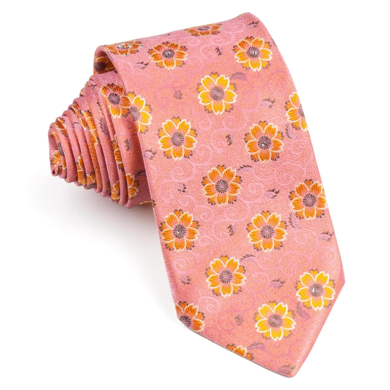 Perry Ellis Men's Rhinestone Silk Neck Tie Orange Floral Design On Salmon Pink