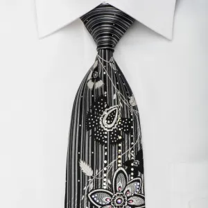 Pierre Cardin Rhinestone Silk Necktie Silver Floral On Black With Silver Sparkles