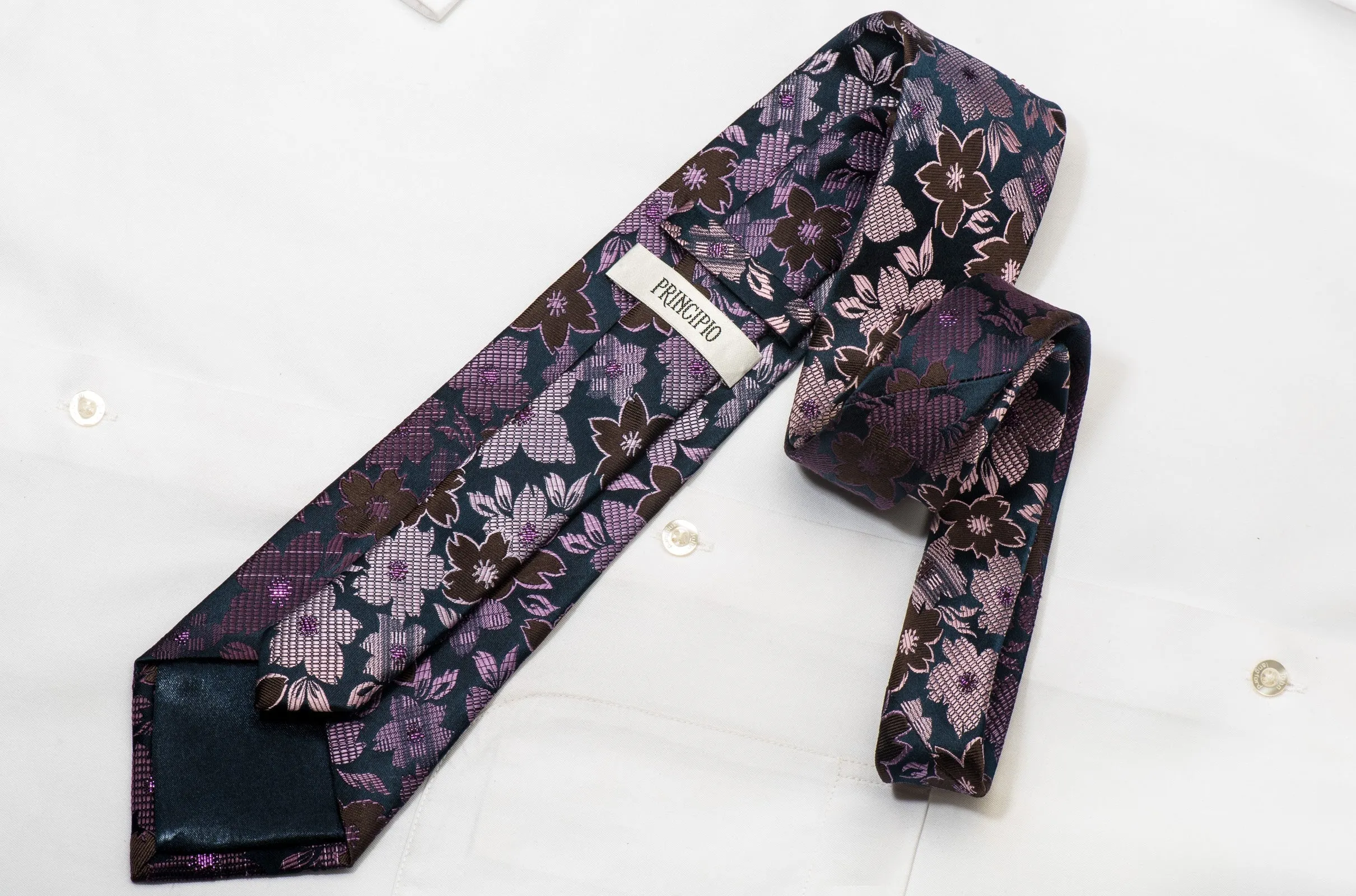 Principio Men's Silk Rhinestone Necktie Purple Floral On Navy With Purple Sparkles