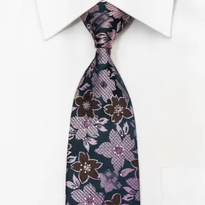 Principio Men's Silk Rhinestone Necktie Purple Floral On Navy With Purple Sparkles