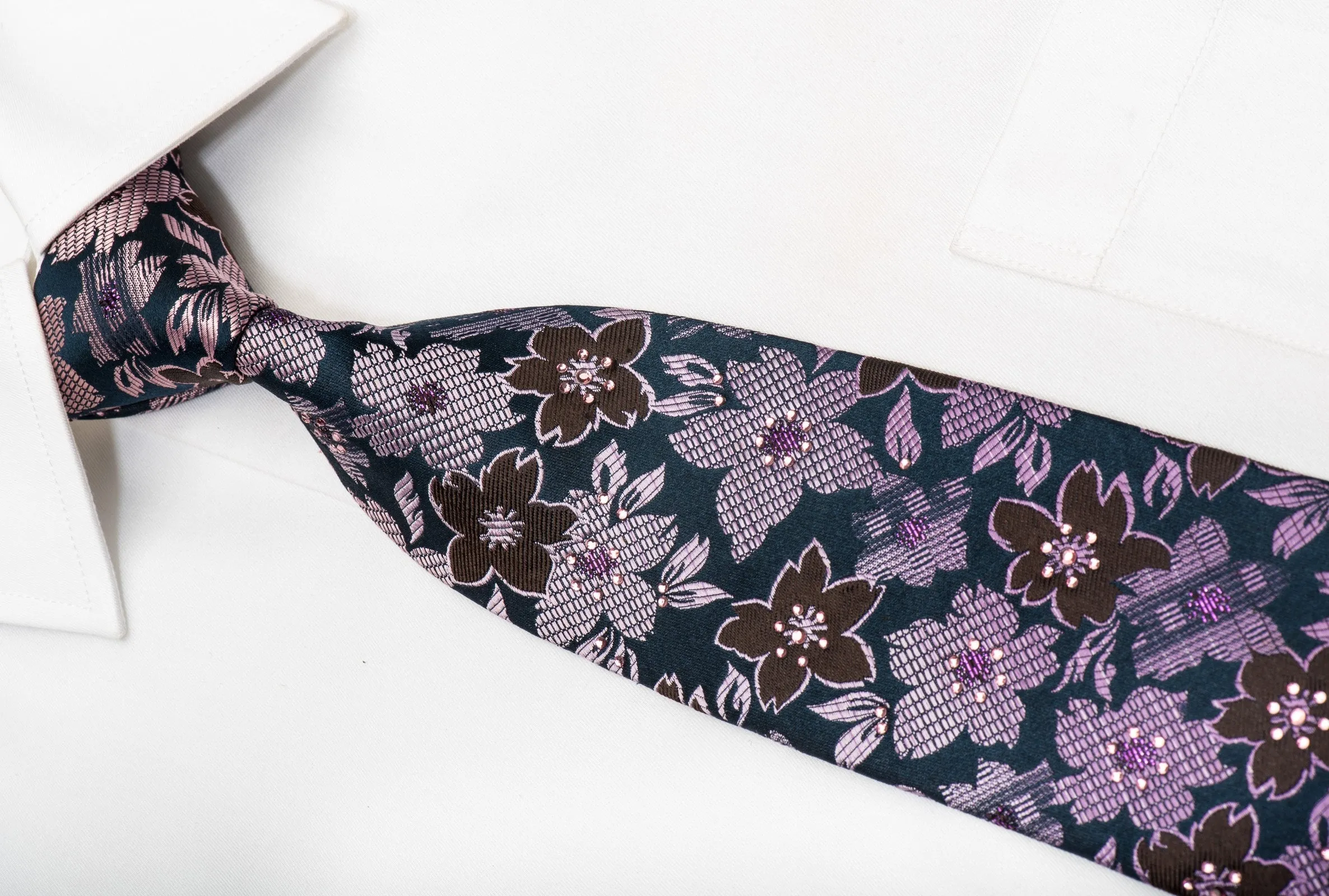 Principio Men's Silk Rhinestone Necktie Purple Floral On Navy With Purple Sparkles