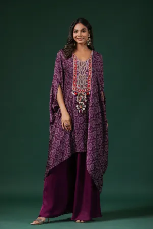 Purple Embroidered Habutai Silk Kaftan Palazzo Set