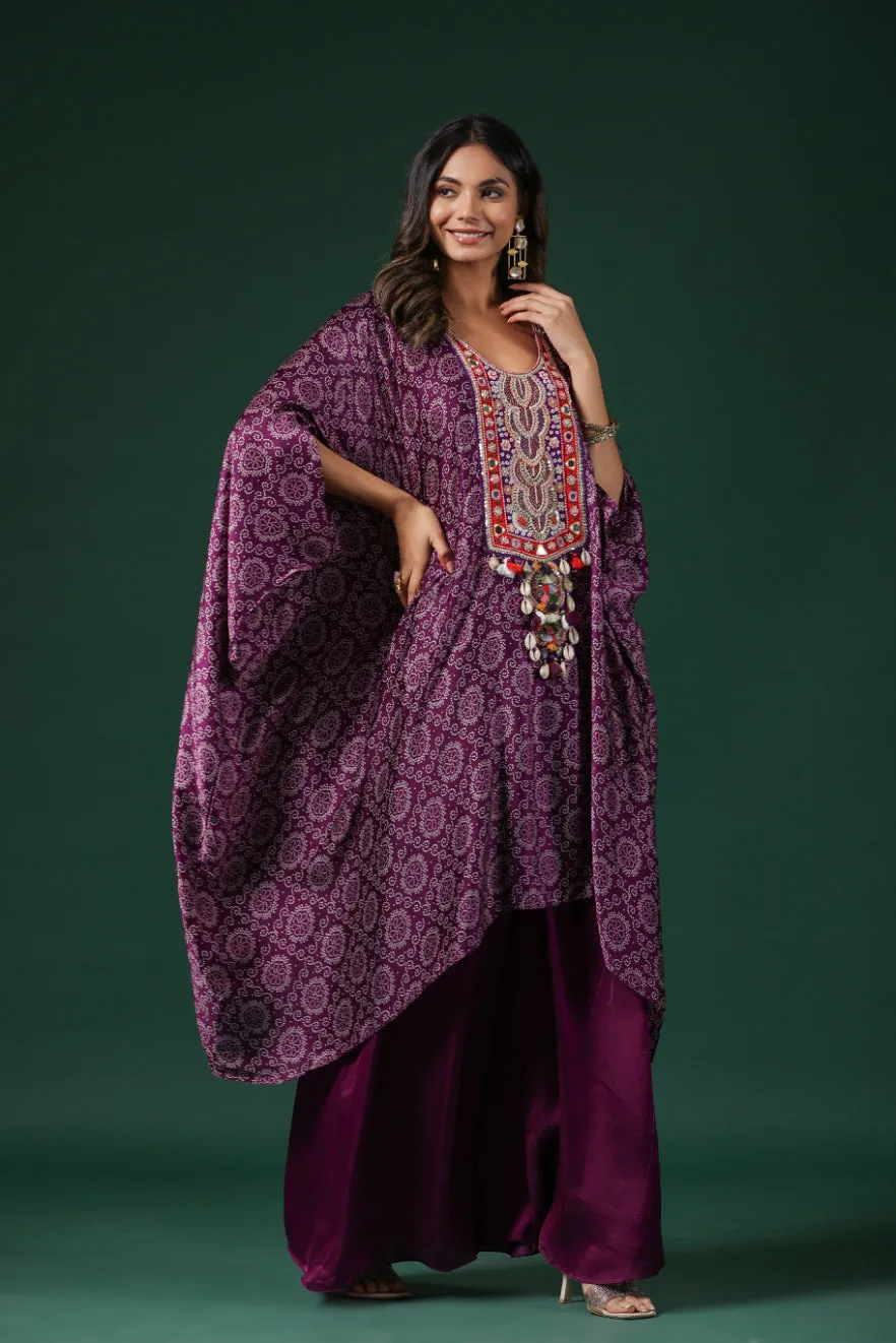 Purple Embroidered Habutai Silk Kaftan Palazzo Set