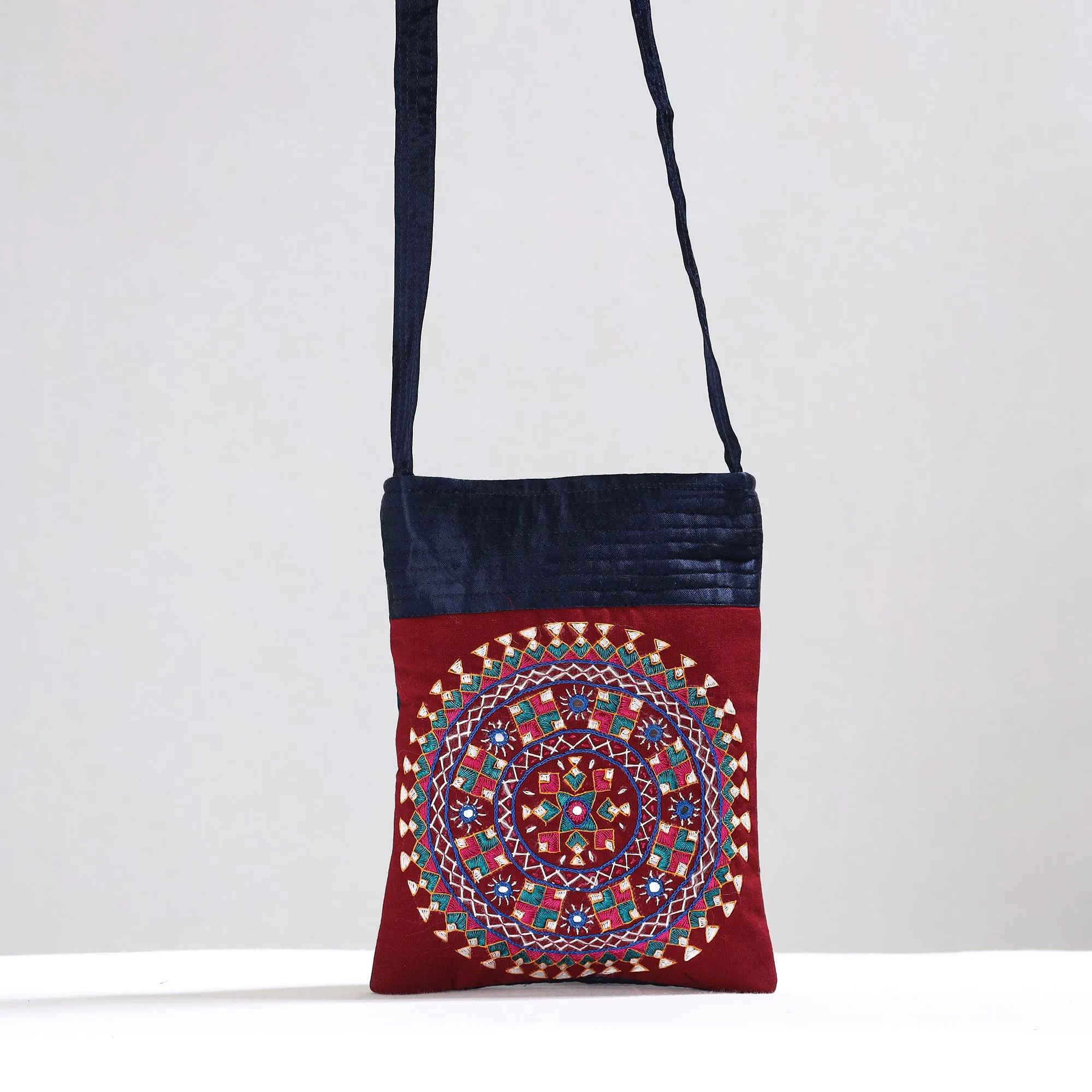 Red - Kutch Neran Hand Embroidery Mirror Work Mashru Silk Sling Bag 07