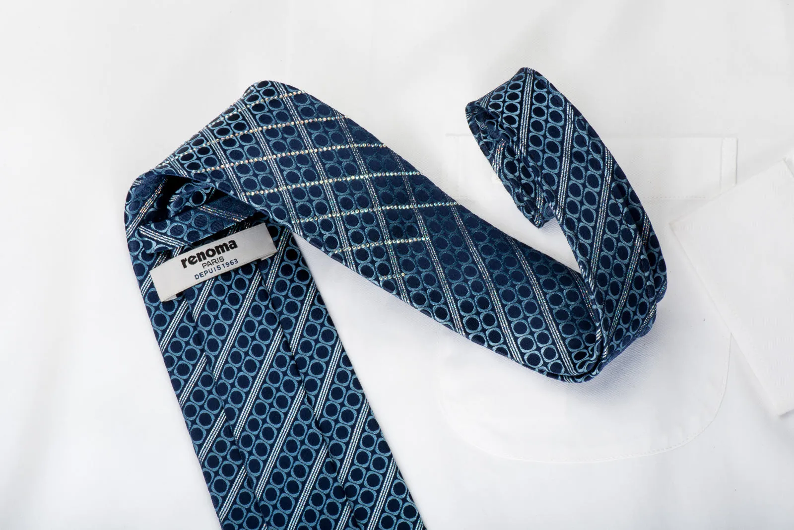 Renoma Striped Rhinestone Necktie On Blue With Silver Sparkles