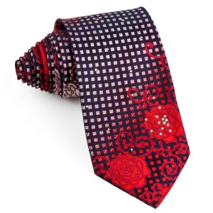 Rogers Dail Men's Silk Rhinestone Tie Red Roses & Checked On Black