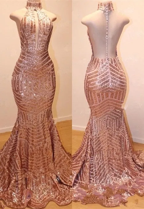 Shiny High Neck Sleeveless Sequins Mermaid Prom Dresses