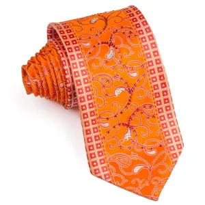 Silk Neck Tie With Rhinestones By B-Classic Red Paisley On Orange 3 1/2 Inch