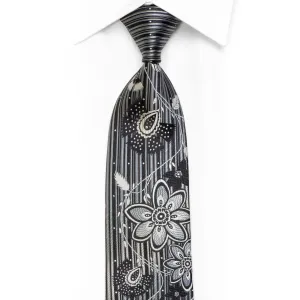 Silver Floral On Black Men's Silk Necktie With Silver Sparkles