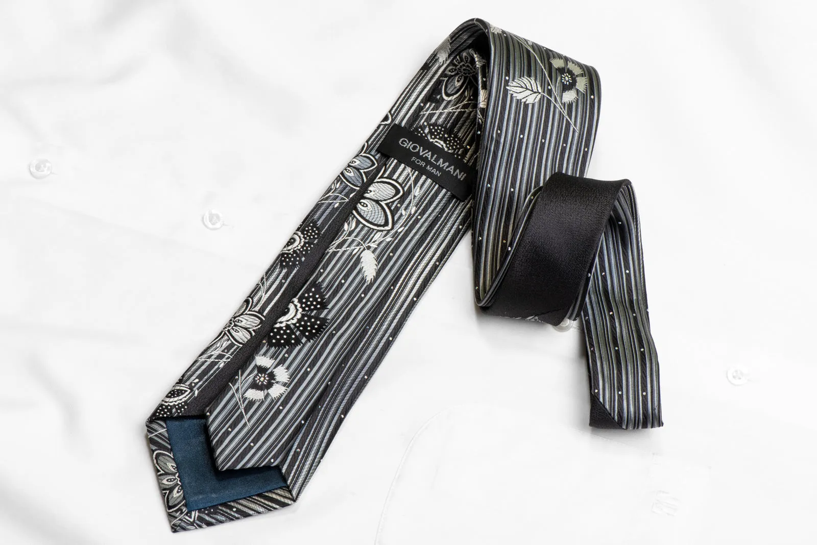 Silver Floral On Black Men's Silk Necktie With Silver Sparkles