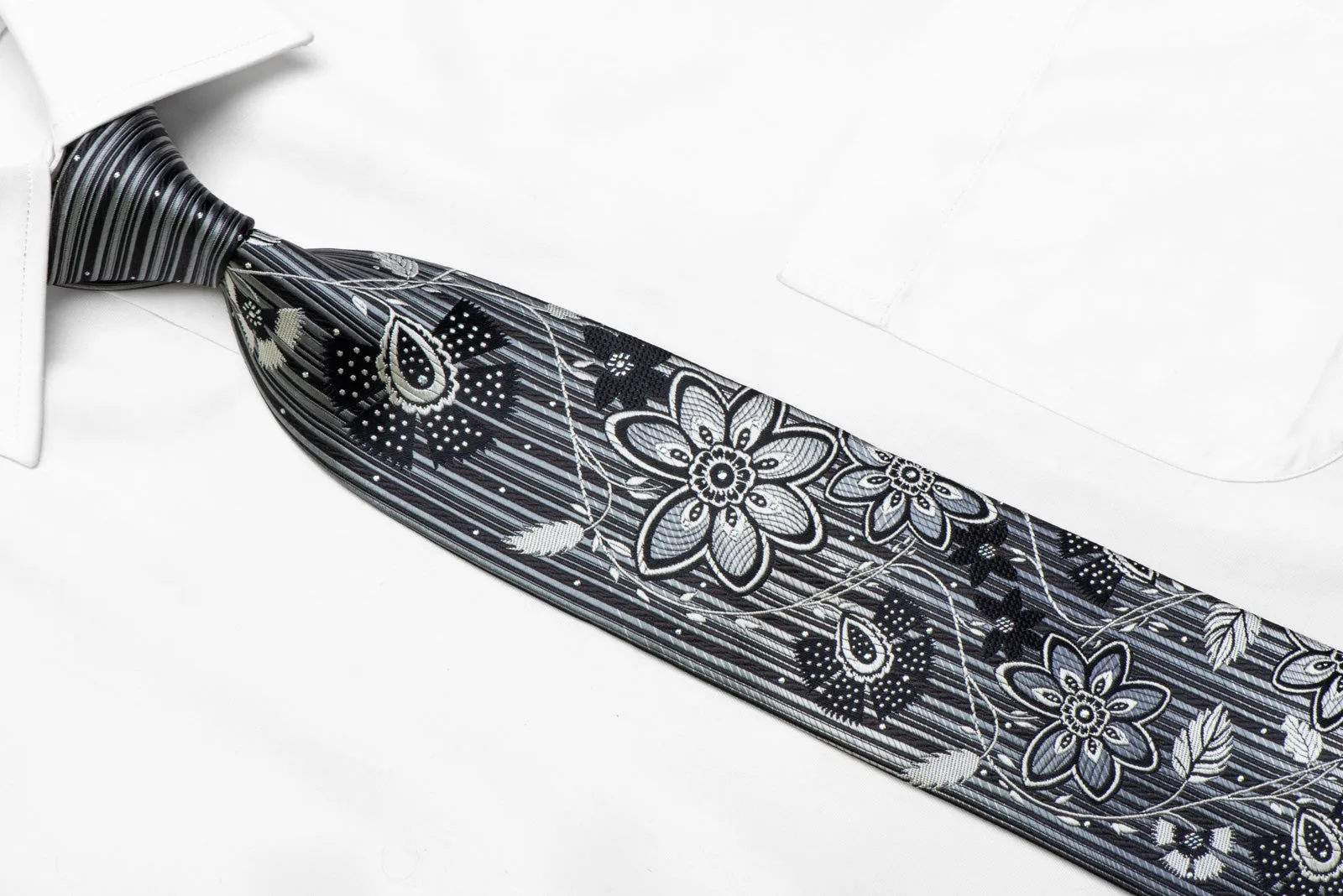 Silver Floral On Black Men's Silk Necktie With Silver Sparkles