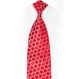 Silver Interlocking Circles On Red Rhinestone Silk Necktie With Silver Sparkles