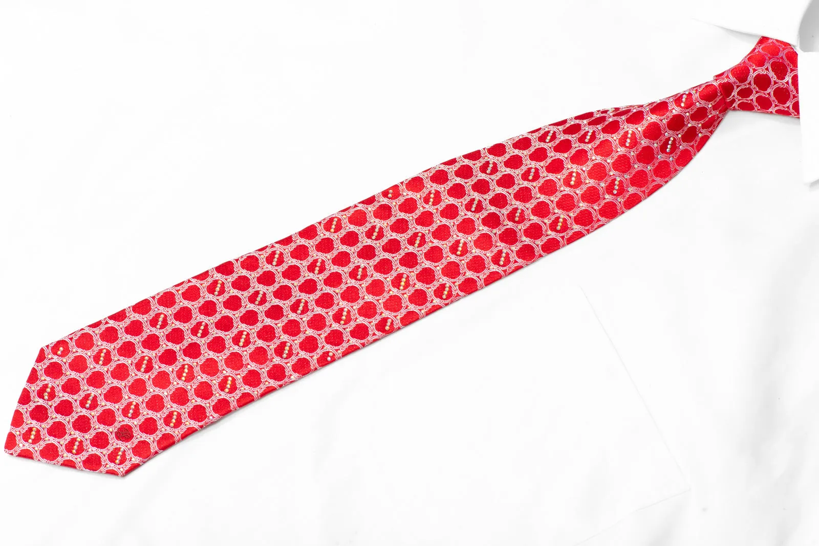 Silver Interlocking Circles On Red Rhinestone Silk Necktie With Silver Sparkles