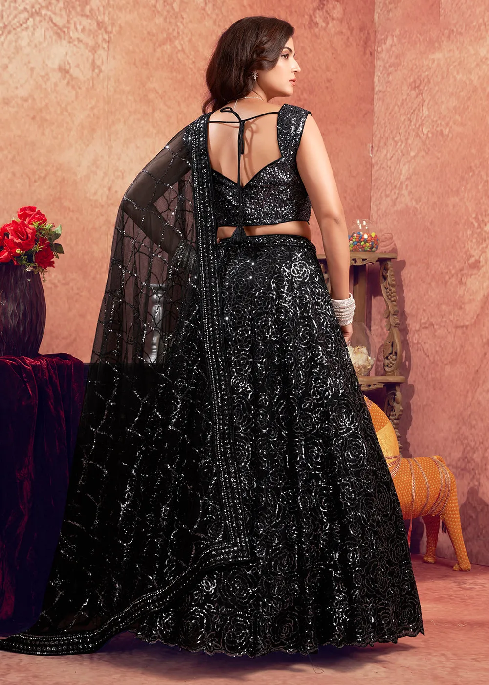 Stylish Black Premium Net Sequins Designer Lehenga Choli