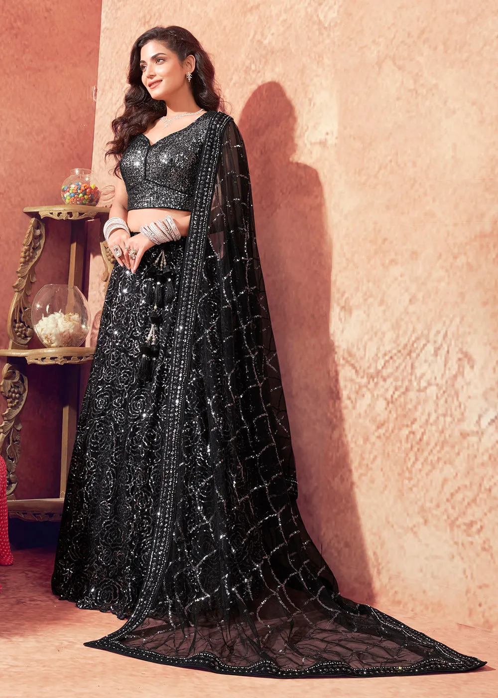 Stylish Black Premium Net Sequins Designer Lehenga Choli