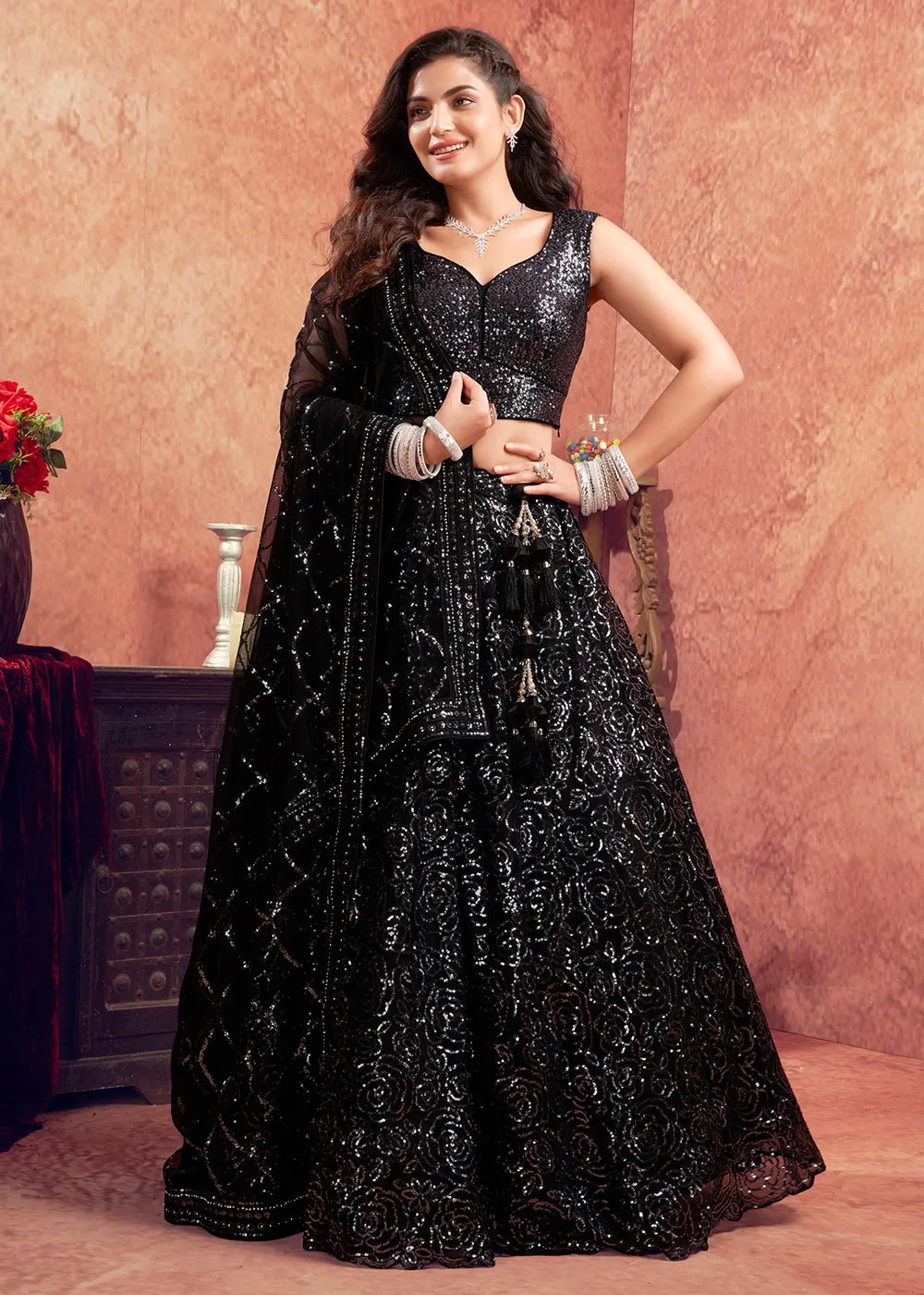 Stylish Black Premium Net Sequins Designer Lehenga Choli