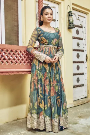 Teal Blue Tropical Printed Swiss Georgette Silk Gown