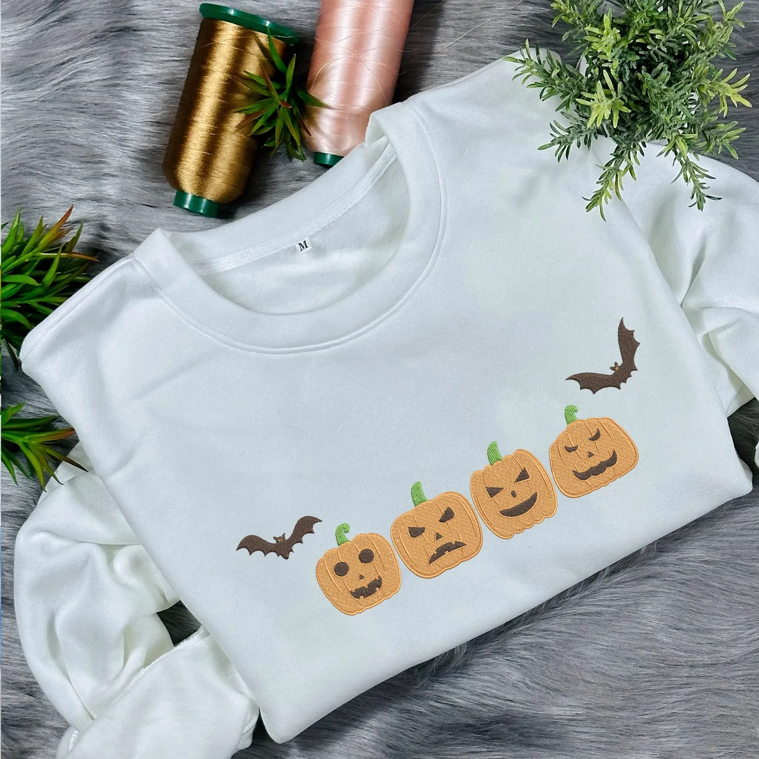 Teesdily | Halloween Pumpkin Embroidered Shirt, Embroidered Fall Sweatshirt, Spooky Season Pumpkin Halloween Embroidery T-shirt, Halloween Gifts