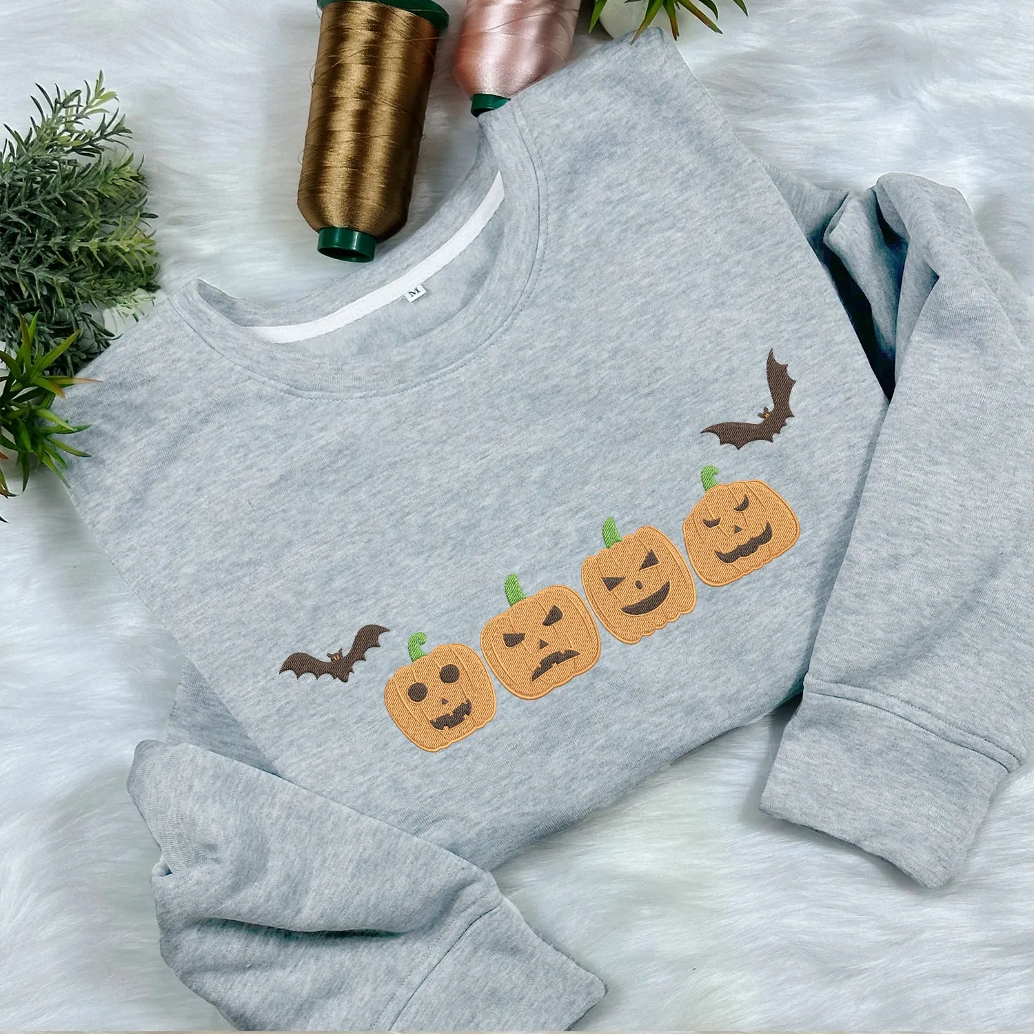 Teesdily | Halloween Pumpkin Embroidered Shirt, Embroidered Fall Sweatshirt, Spooky Season Pumpkin Halloween Embroidery T-shirt, Halloween Gifts