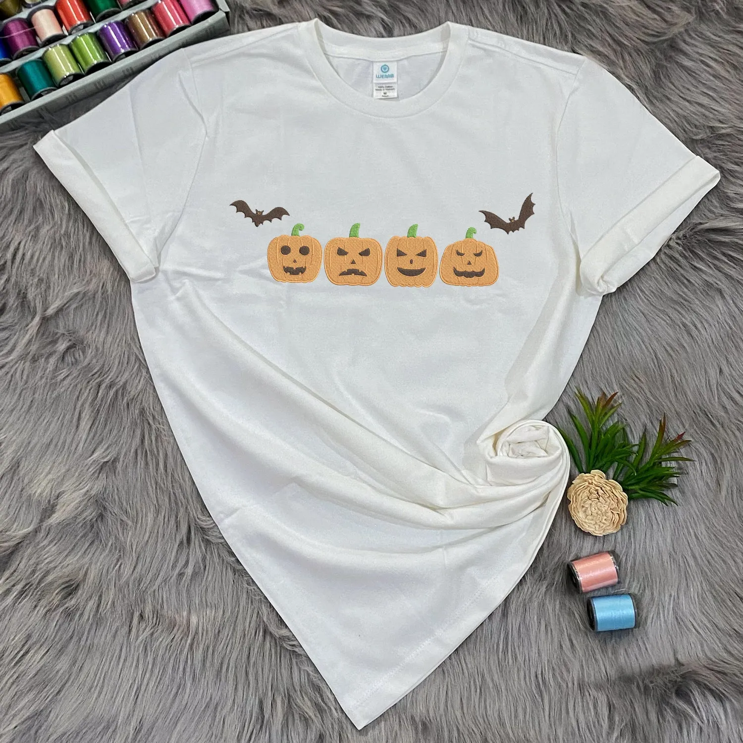 Teesdily | Halloween Pumpkin Embroidered Shirt, Embroidered Fall Sweatshirt, Spooky Season Pumpkin Halloween Embroidery T-shirt, Halloween Gifts