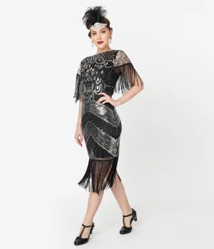 Unique Vintage Black & Silver Sequin Fringe Sleeved Laure Flapper Dress