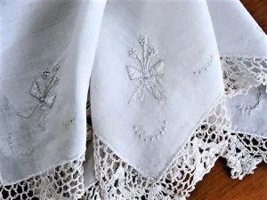 Vintage BRIDAL WEDDING Handkerchief WIDE Hand Crochet Lace Hankie Special Bridal Hanky Bows Flowers WhiteWork Embroidery