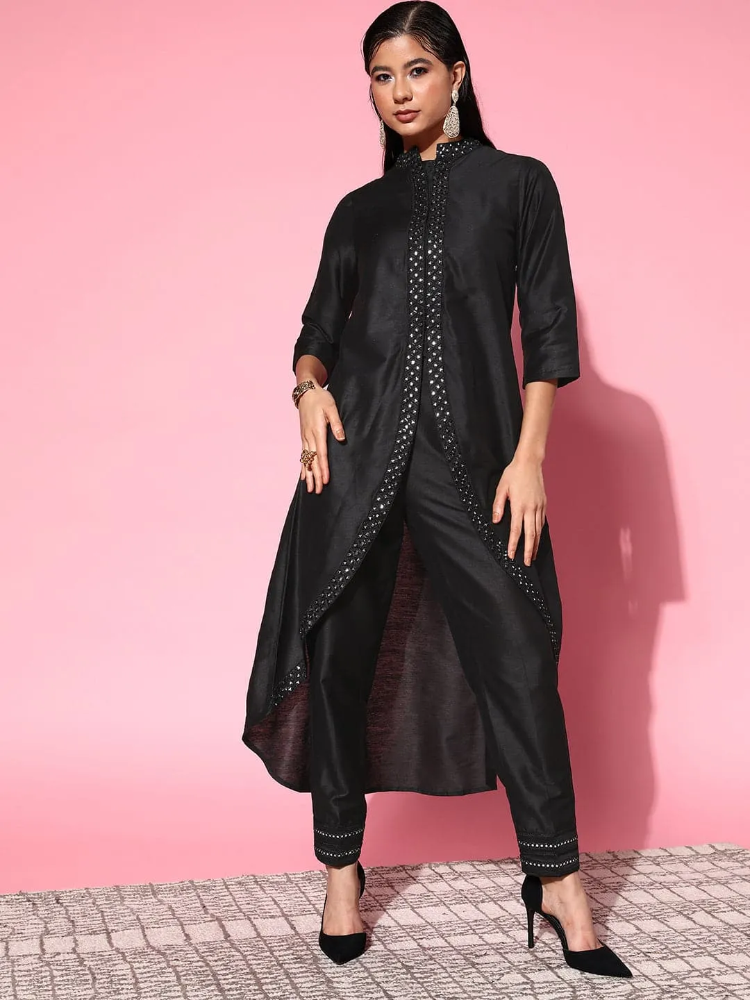 Women Black Mirror Embroidered High Low Jacket Kurta