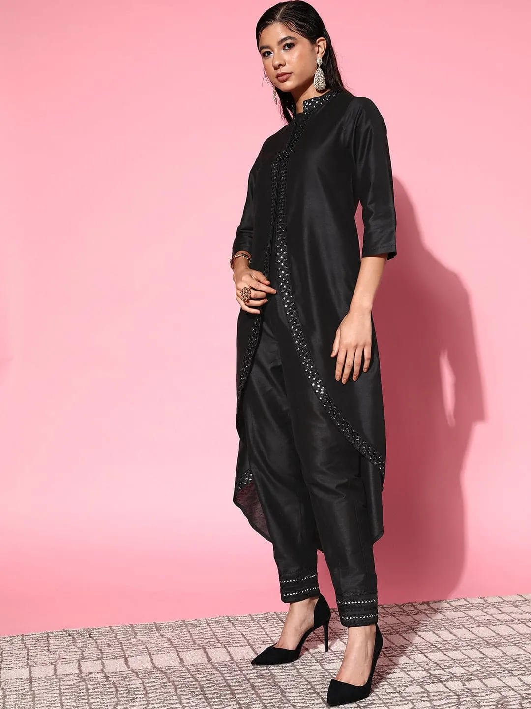 Women Black Mirror Embroidered High Low Jacket Kurta