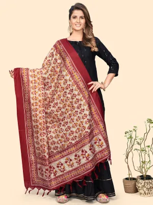 Women'S Art Silk Red & Cream Coloured Floral Print Dupatta