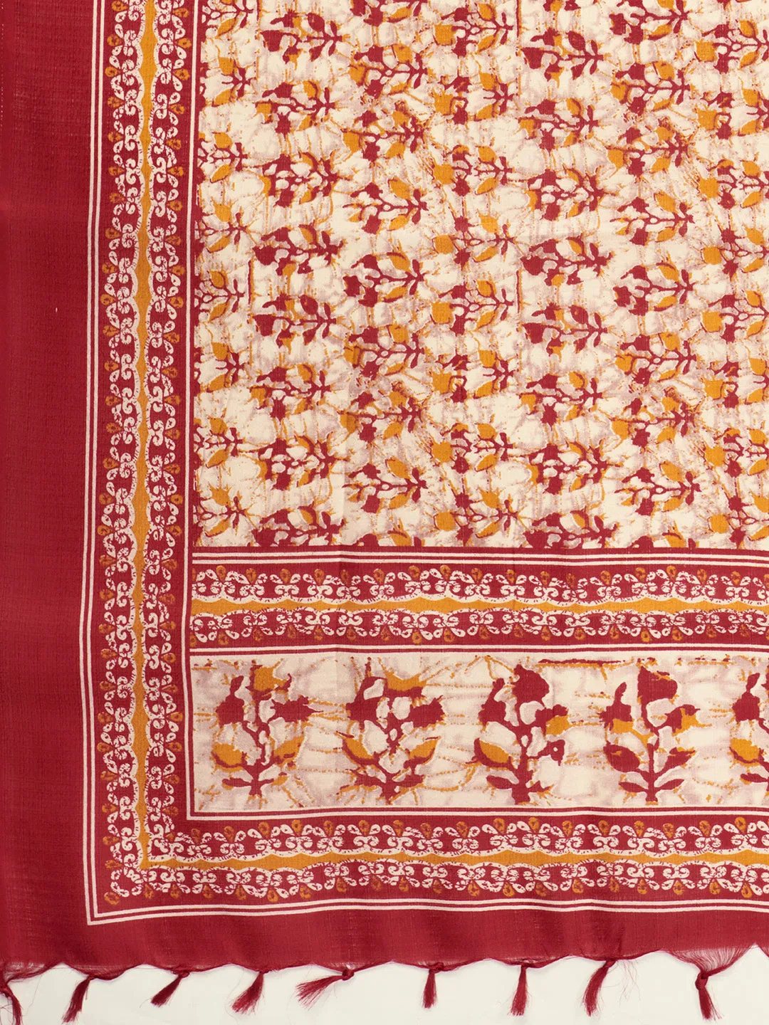 Women'S Art Silk Red & Cream Coloured Floral Print Dupatta