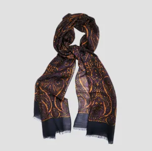 Wool Silk Paisley Scarf in Blue, Purple & Ochre